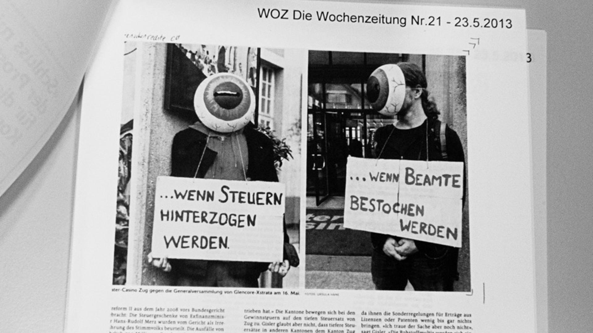 Press coverage of protest outside Glencore-Xtrata General Annual Meeting, 16 May 2013. WOZ Die Wochenzeitung Nr.21 – 23.5.2013. Press Archive, Bibliothek Zug